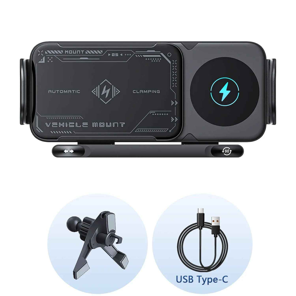 Support de Téléphone Voiture Rotatif Automatique 2-en-1 – Chargeur Sans Fil Rapide 15W
