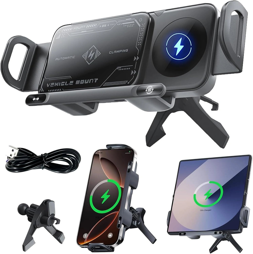 Support de Téléphone Voiture Rotatif Automatique 2-en-1 – Chargeur Sans Fil Rapide 15W