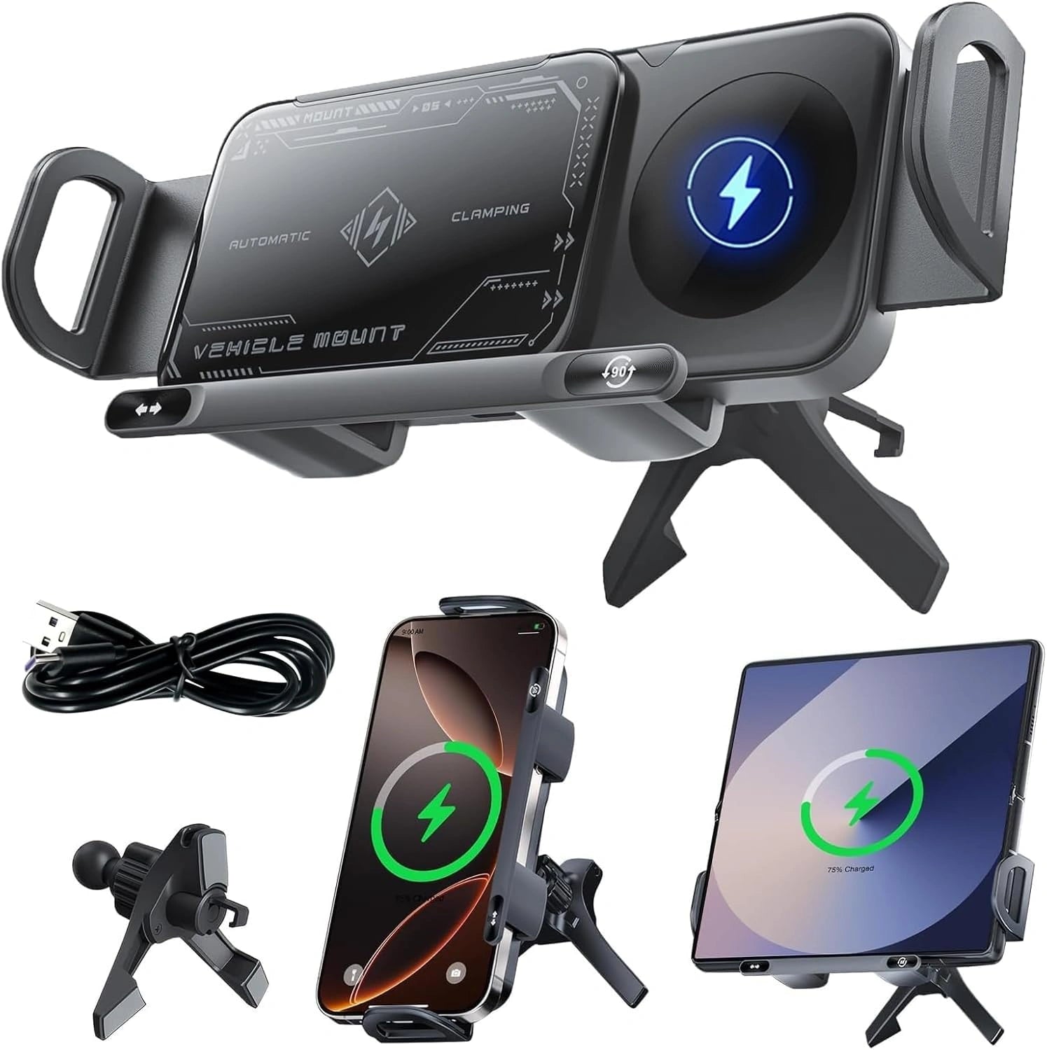 Support de Téléphone Voiture Rotatif Automatique 2-en-1 – Chargeur Sans Fil Rapide 15W