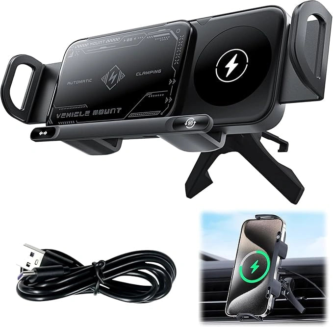 Support de Téléphone Voiture Rotatif Automatique 2-en-1 – Chargeur Sans Fil Rapide 15W