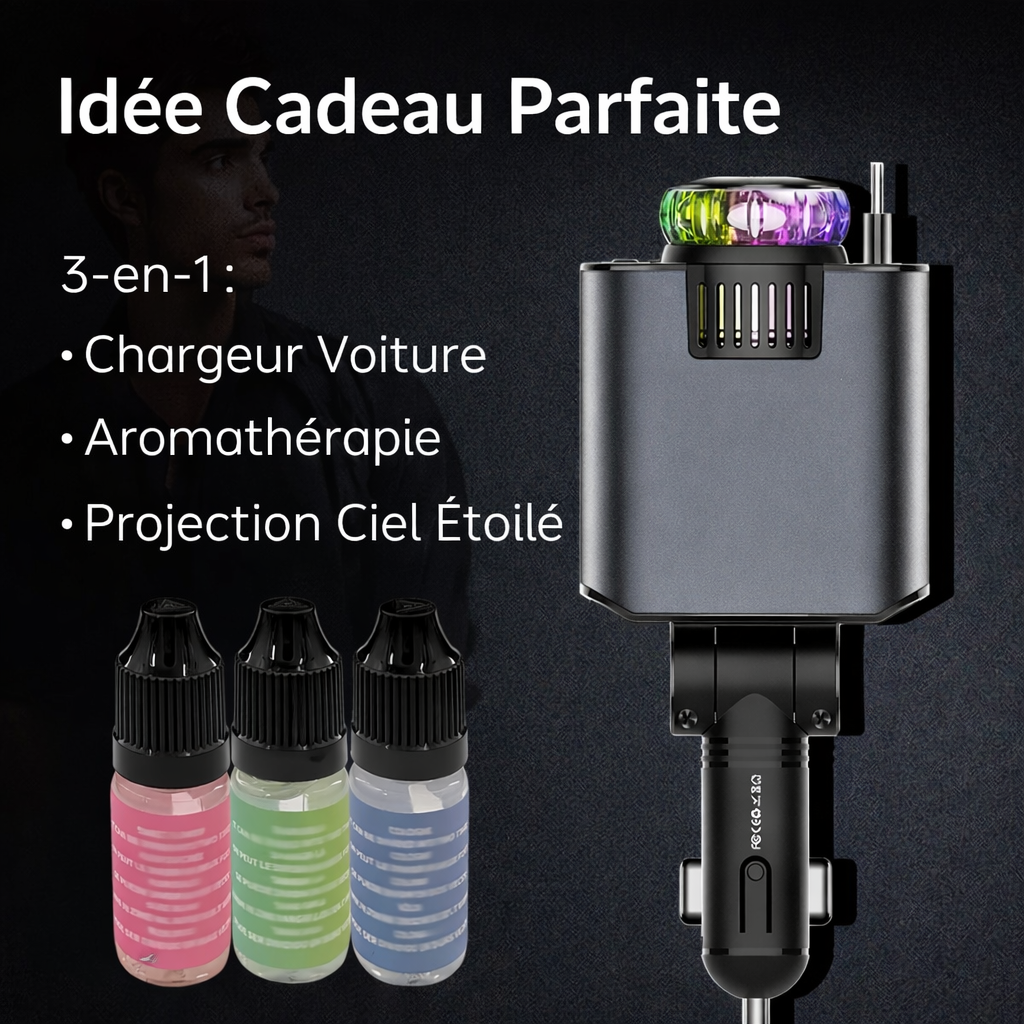 Chargeur Voiture 5-en-1 45W avec Projecteur Étoiles & Diffuseur de Parfum – Câble Rétractable