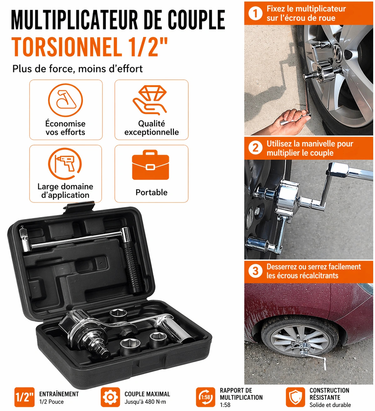 Clé Multiplicatrice de Couple Haute Performance – Kit de Démontage de Roue Sans Effort
