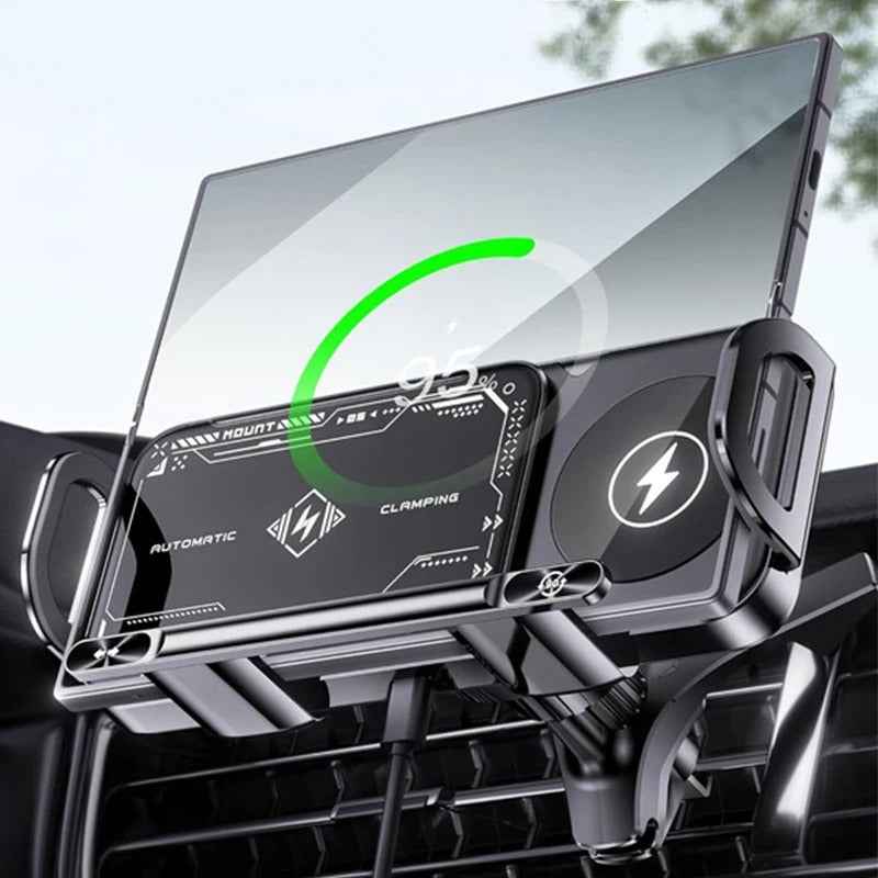 Support de Téléphone Voiture Rotatif Automatique 2-en-1 – Chargeur Sans Fil Rapide 15W