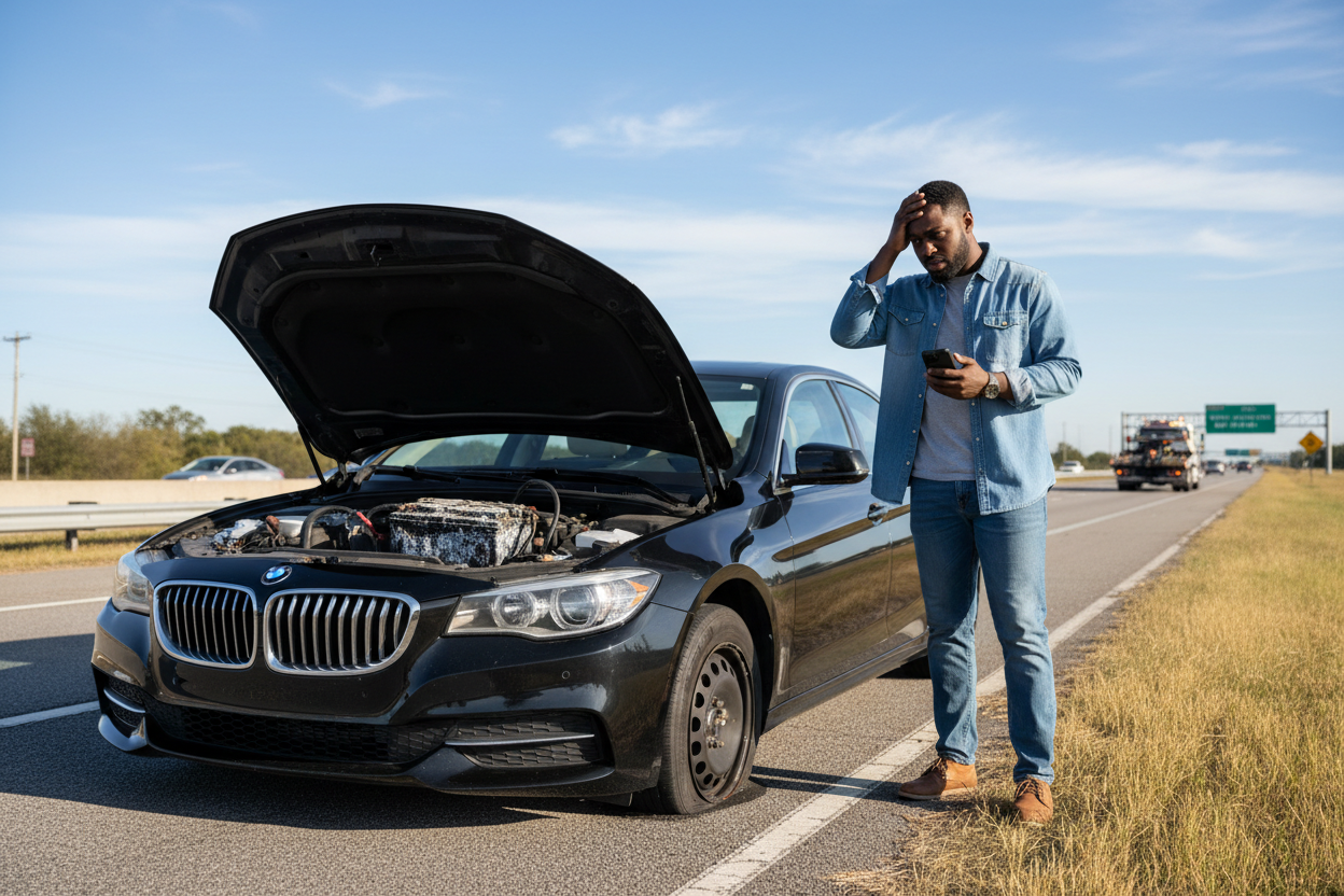 Un homme noire  à coté d'une voiture en panne soit pneu degonfler ou batterie en plats 